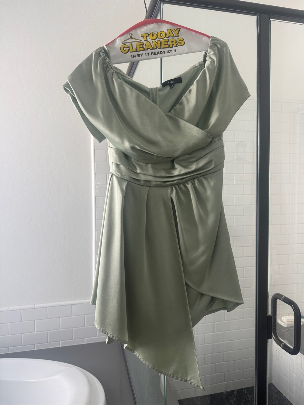 Lulu's Sage Green Satin High-Low Draped Dress